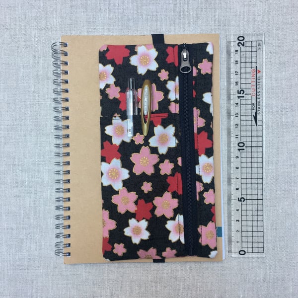 Pencil Case Elastic for Diary or Notebook Japanese Cherry Blossoms Fabric 