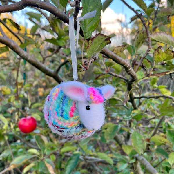 Needle felted Rainbow Sheep Bauble Hanger - Christmas 