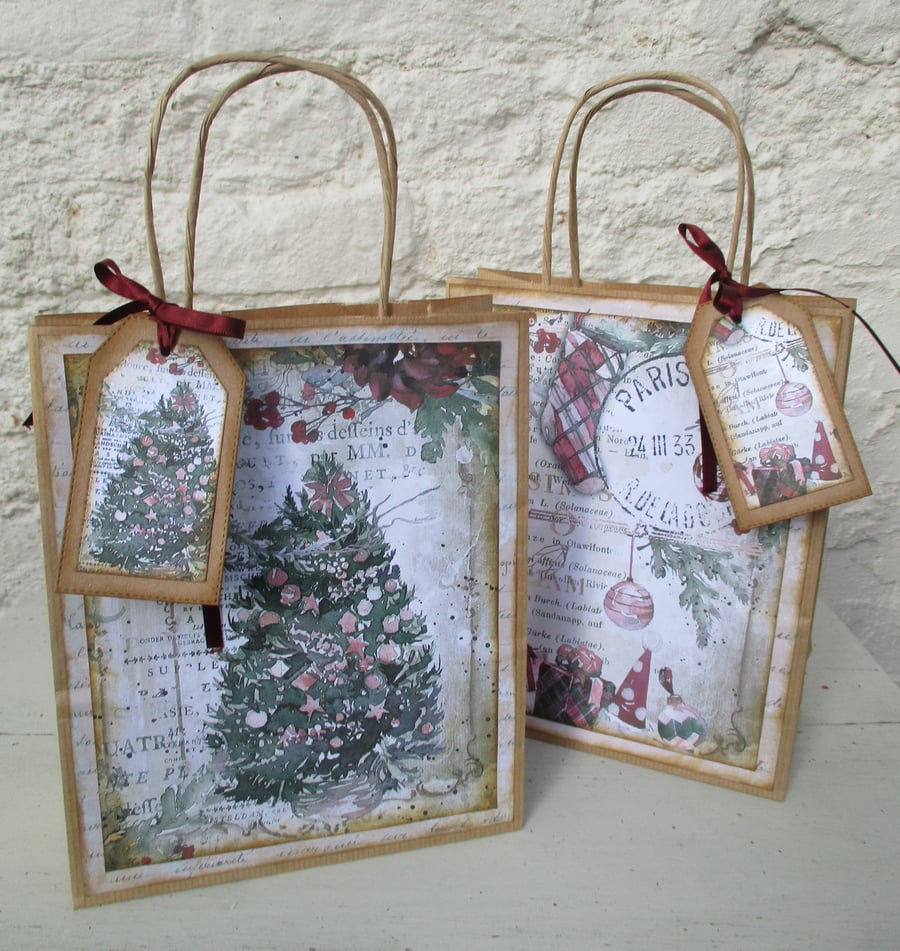Hand decorated Christmas Gift Bags Christmas Tree and Bauble, set of 2