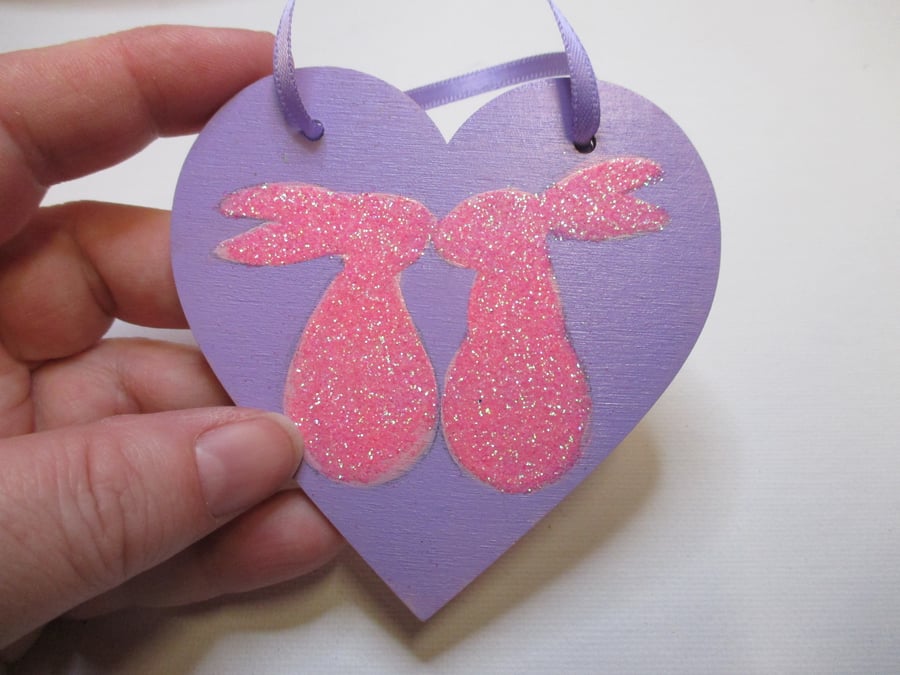 Bunny Rabbit Small Decorative Hanging Heart with Glitter in Lilac Hand Painted 
