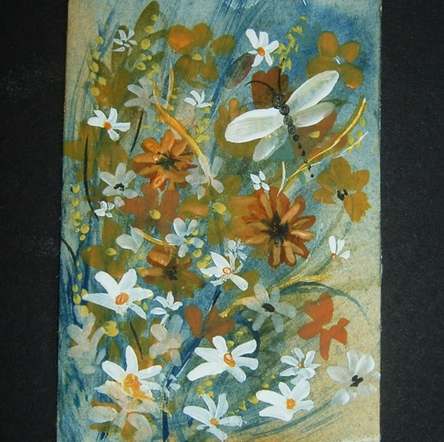 floral dragonfly flowers art painting aceo ref 170