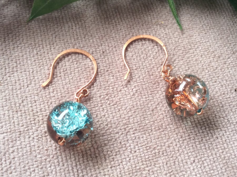 Glass Bobble Earrings - Crackle Bronze and Blue FREE POST