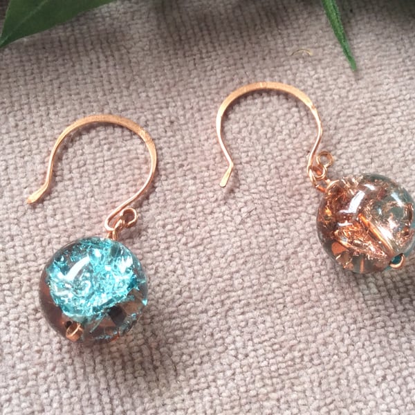 Glass Bobble Earrings - Crackle Bronze and Blue FREE POST
