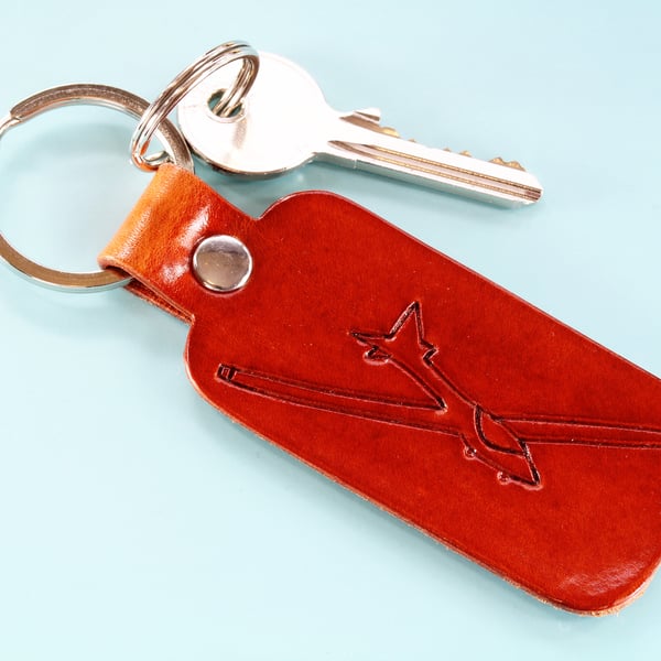 Hand Carved Glider Leather Keyring, Plane Leather Key Fob, Flying Gift For Pilot