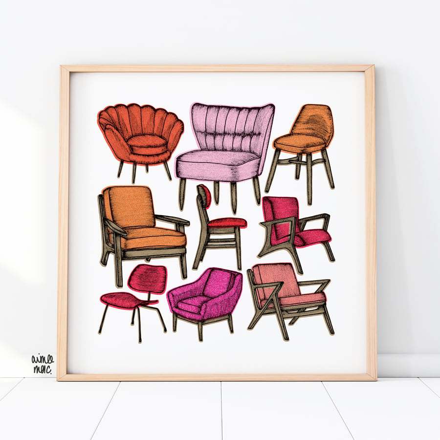 Retro Chairs Risograph Print - Mid Century Chairs - Retro Chairs - Retro Art 