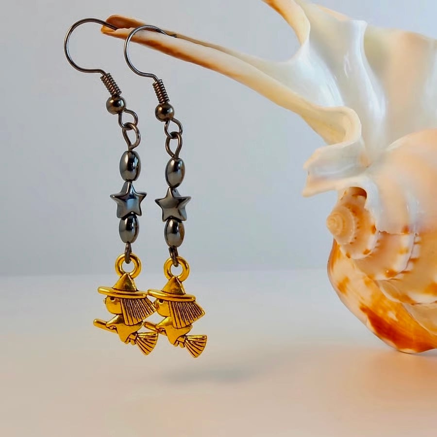 Halloween Earrings, Witch On Broomstick With Haematite Star, Price Inc UK P&P