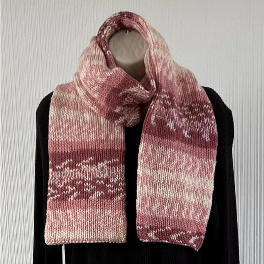 Pink Chunky Aran Scarf, handmade knitted, double layered, FREE DELIVERY 