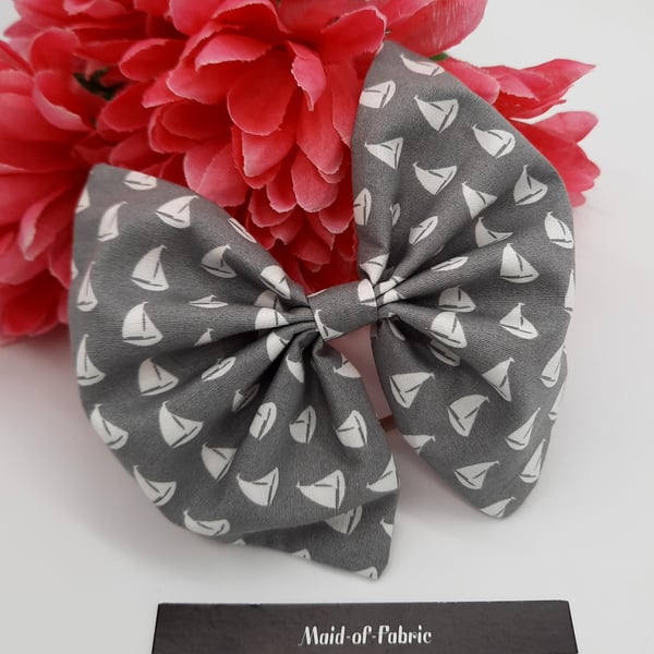 Hair bobble bow,  grey and white sail boats, 3 for 2 offer. 