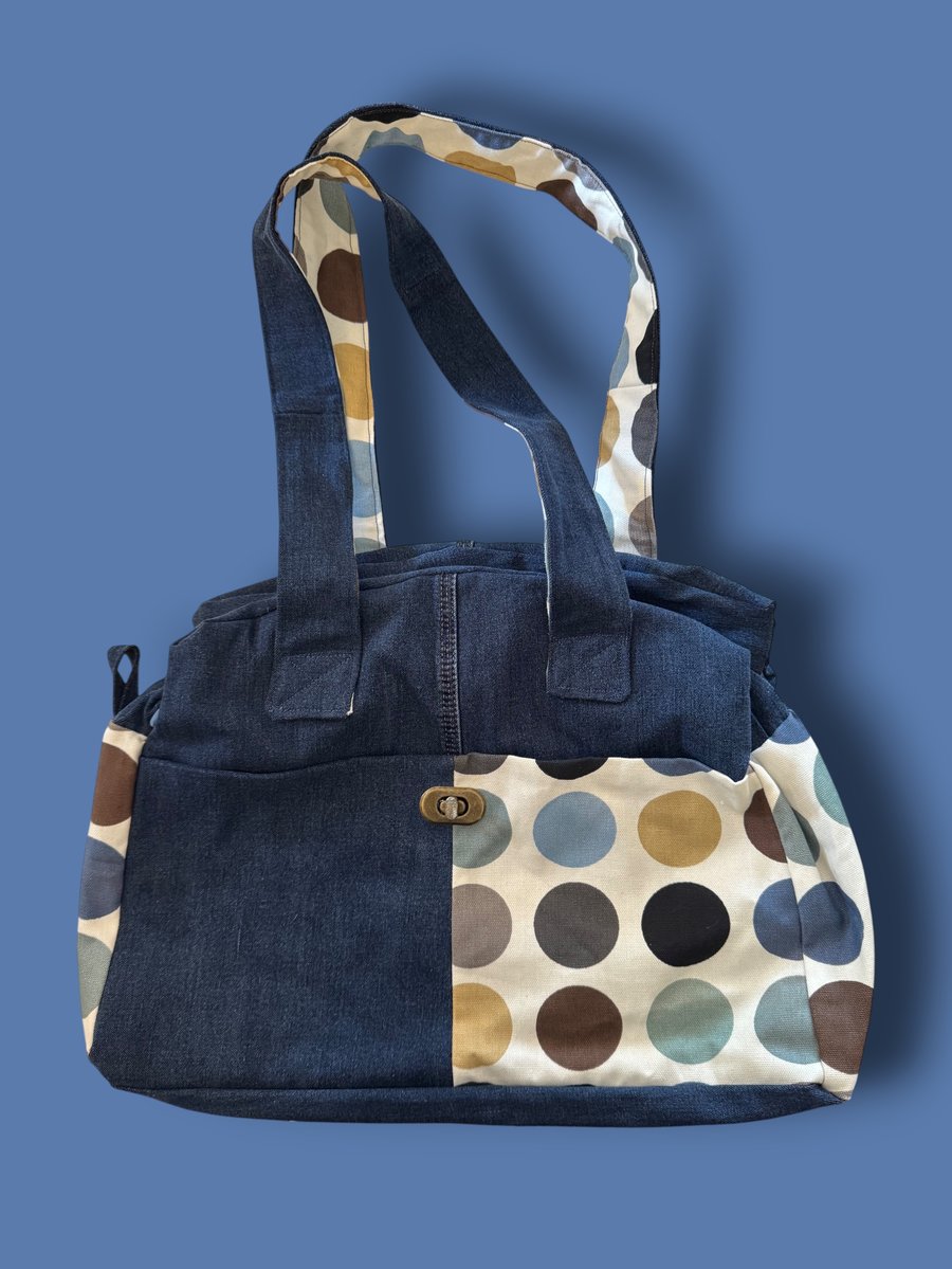 Sustainable Denim Handbag – Spotty Fabric, Blue Lining & Secure Pockets
