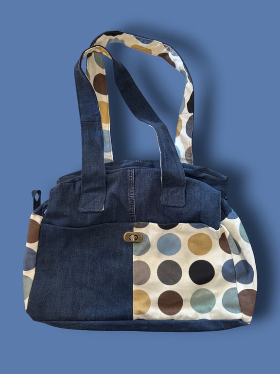 Sustainable Denim Handbag – Spotty Fabric, Blue Lining & Secure Pockets