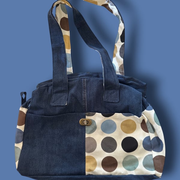 Sustainable Denim Handbag – Spotty Fabric, Blue Lining & Secure Pockets
