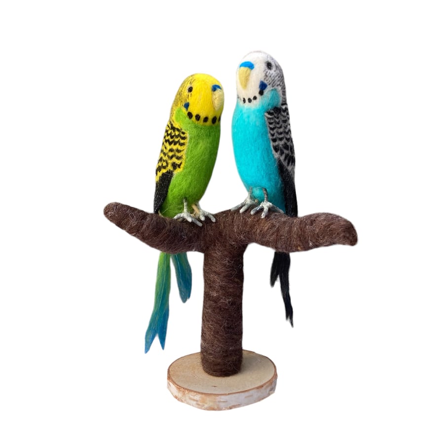 Two budgies on a perch, needle felted budgies, parakeet sculpture, model
