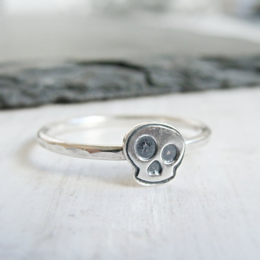 Sterling Silver Skull Ring, Carpe Diem, Memento Mori Slim Stacking Band