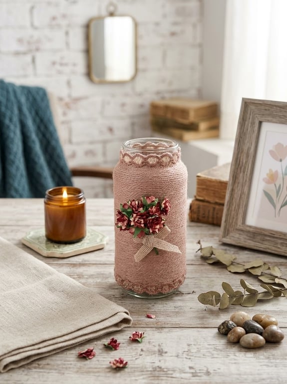 Handmade Taupe Yarn Wrapped Vase - Crochet Trim and Rustic Flower Detail