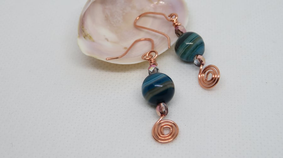 Spiral of Life Copper and Agate Earrings