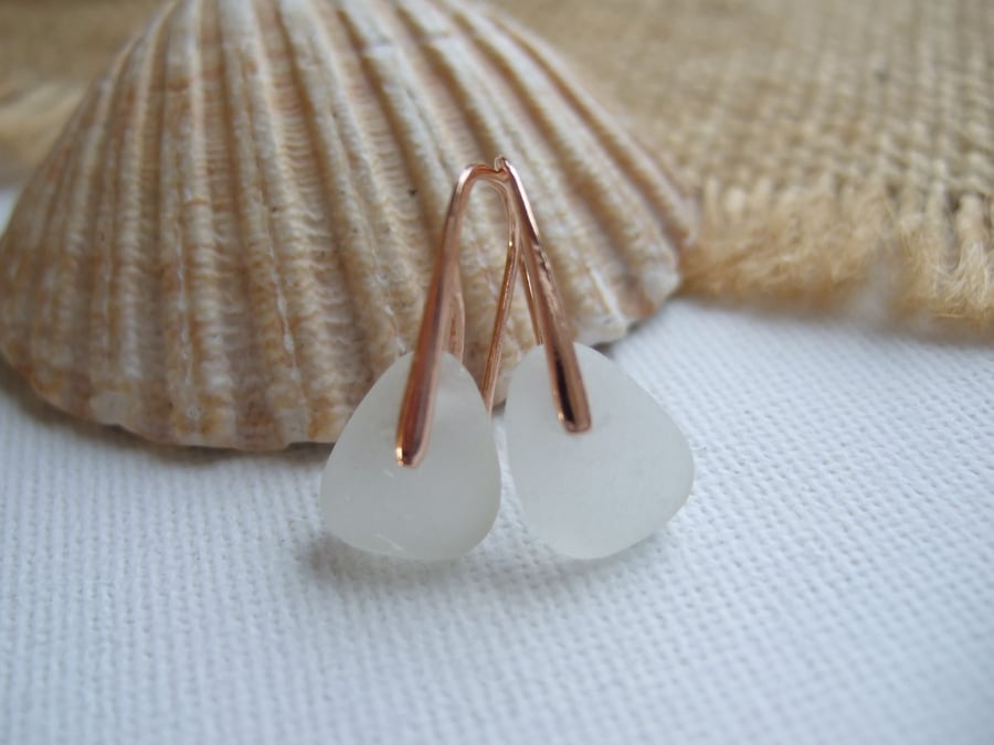 WATERDROPS...Scottish sea glass rose gold sterling silver earrings, white glass