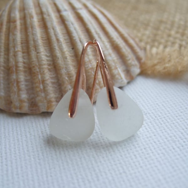 WATERDROPS...Scottish sea glass rose gold sterling silver earrings, white glass