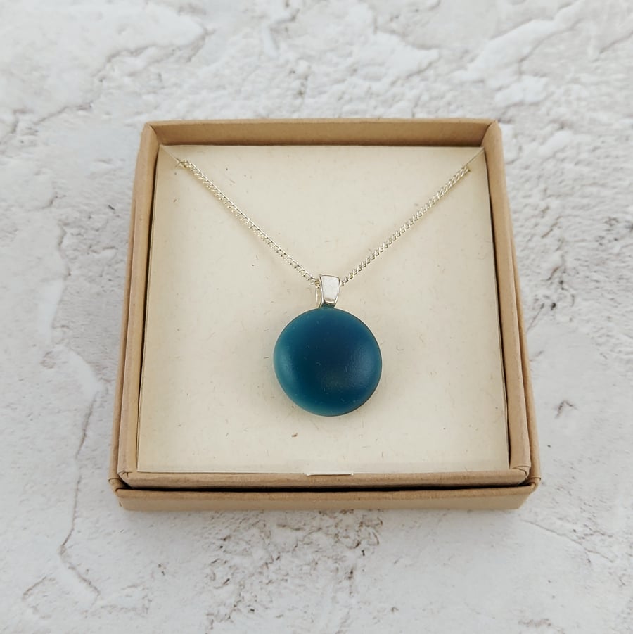 Frosted sea blue glass pendant with chain