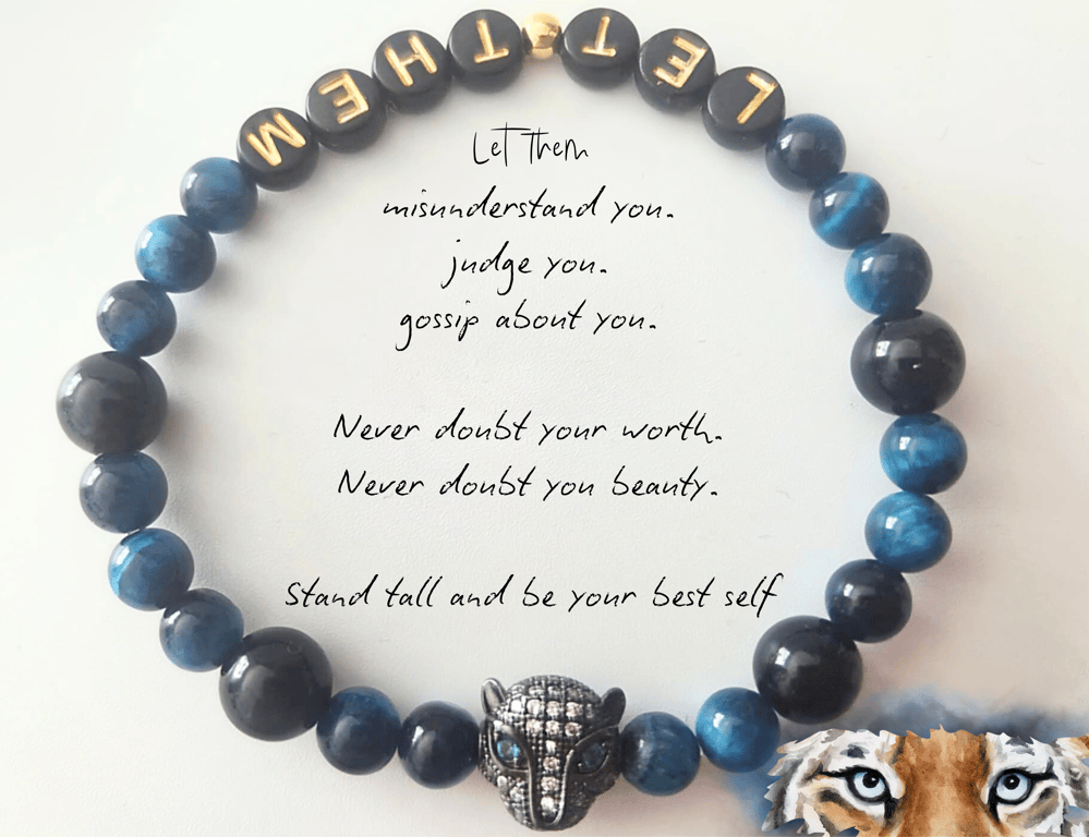 Personalised "LET THEM" Beaded Bracelets (Blue Tiger Eye Beads)