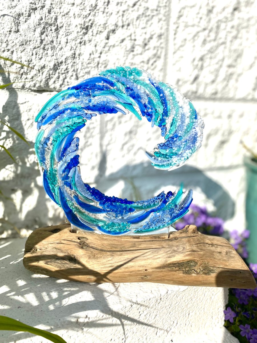 Beautiful Fused Glass Wave set in Driftwood