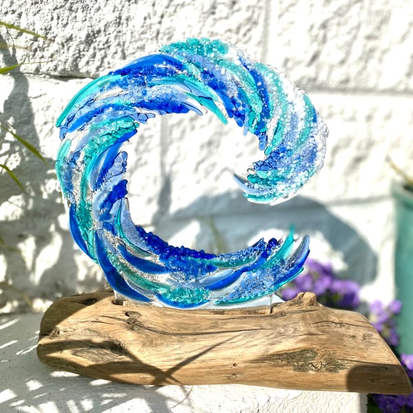 Beautiful Fused Glass Wave set in Driftwood