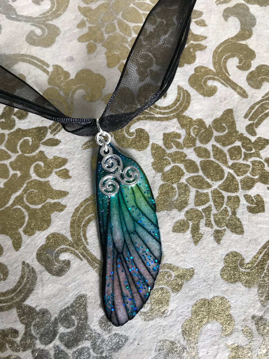SALE!! Black Organza and Blue and Green Triskelion Fairy Wing Pendant