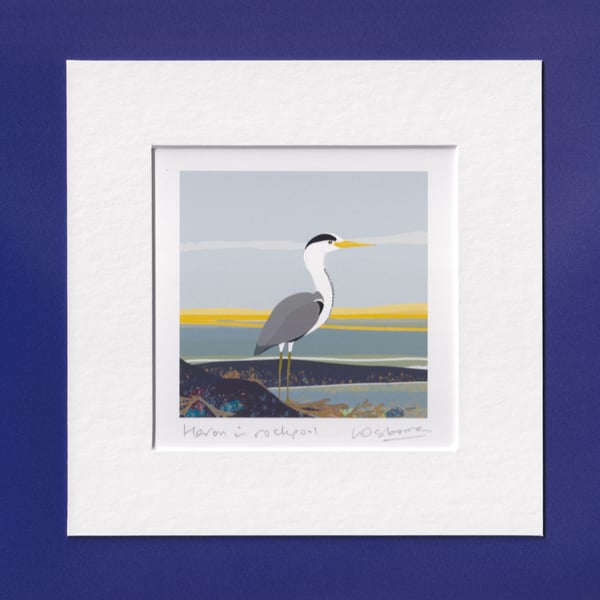 Heron in rockpool - mounted print of bird illustration