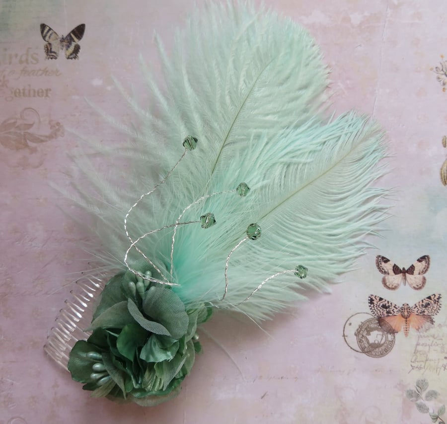 Mint Green Ostrich Feather and Flower Regency Bridgerton Hair Comb