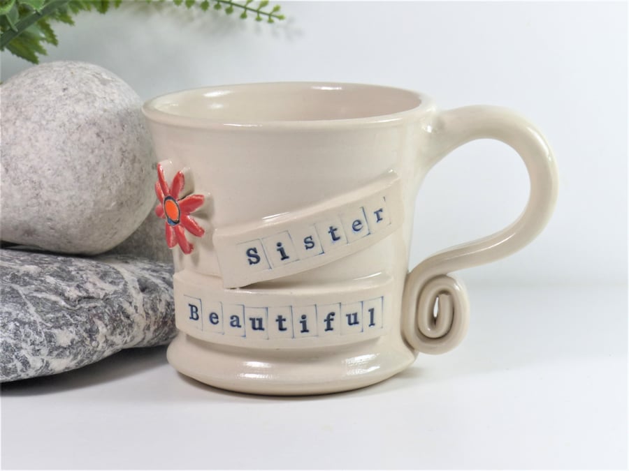 Sister Beautiful and a red flower -  White Mug,  Ceramic Pottery Stoneware UK