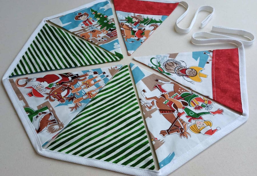 Bunting - Christmas Cowboy Santa retro theme, reversible to space kids 