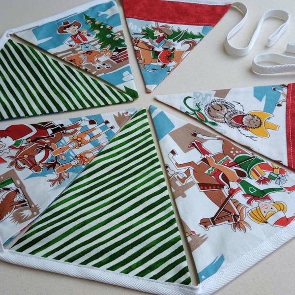 Bunting - Christmas Cowboy Santa retro theme, reversible to space kids 