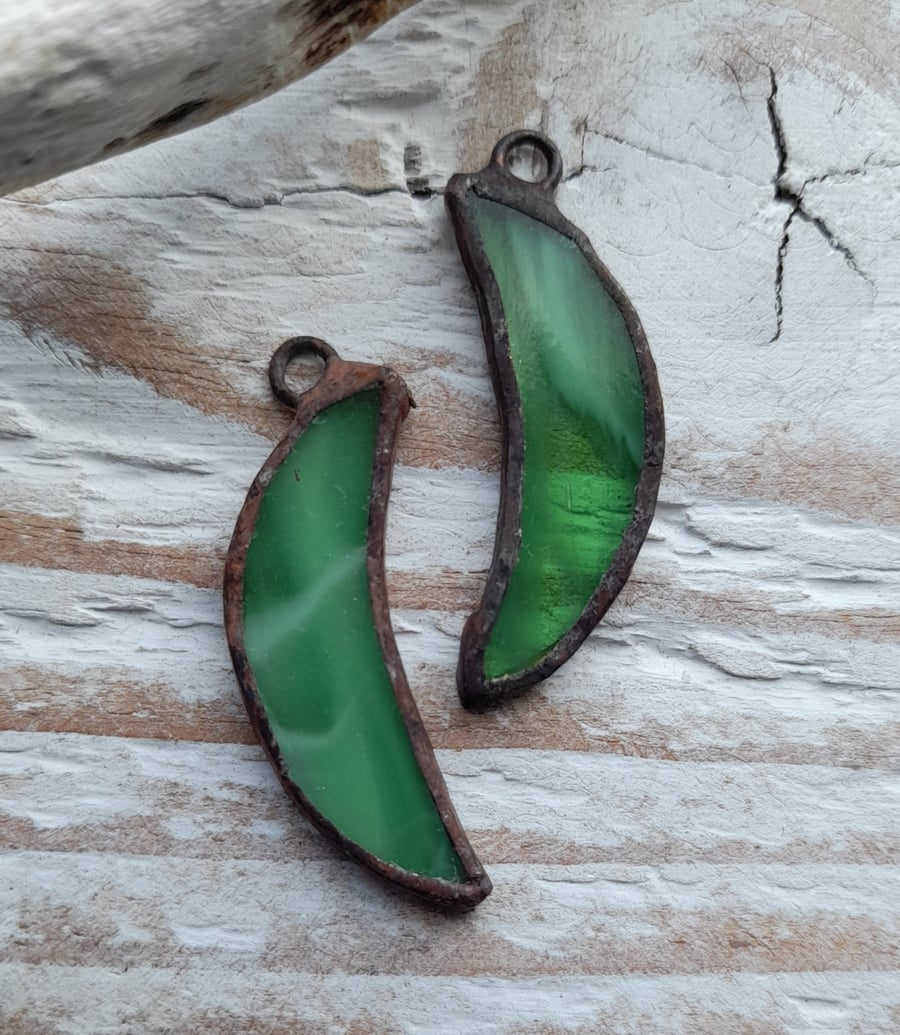 Handmade Pair of Green Stained Glass Moon Charms 