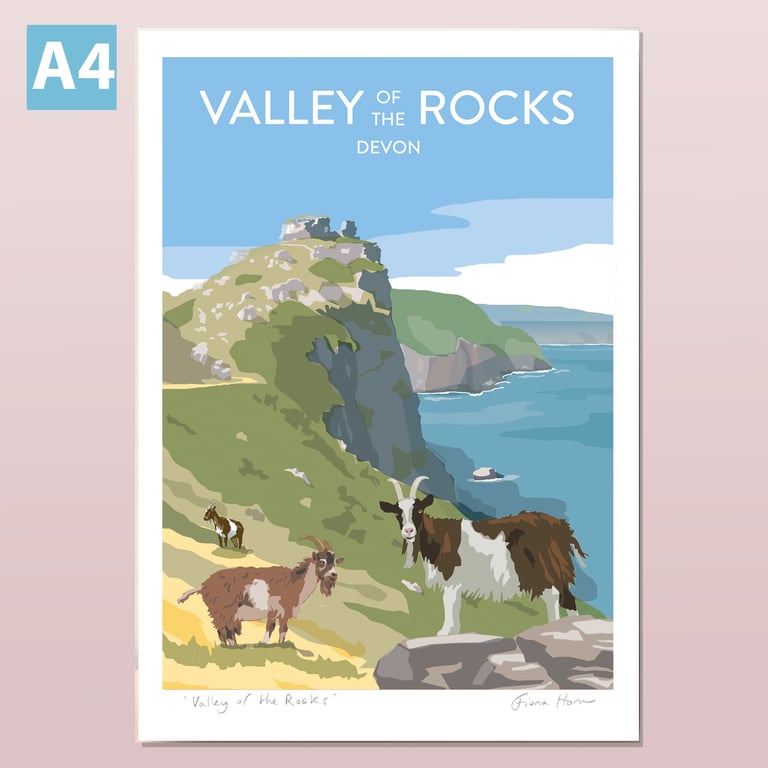 Valley of the Rocks, Lynton, Devon illustrated travel poster A4