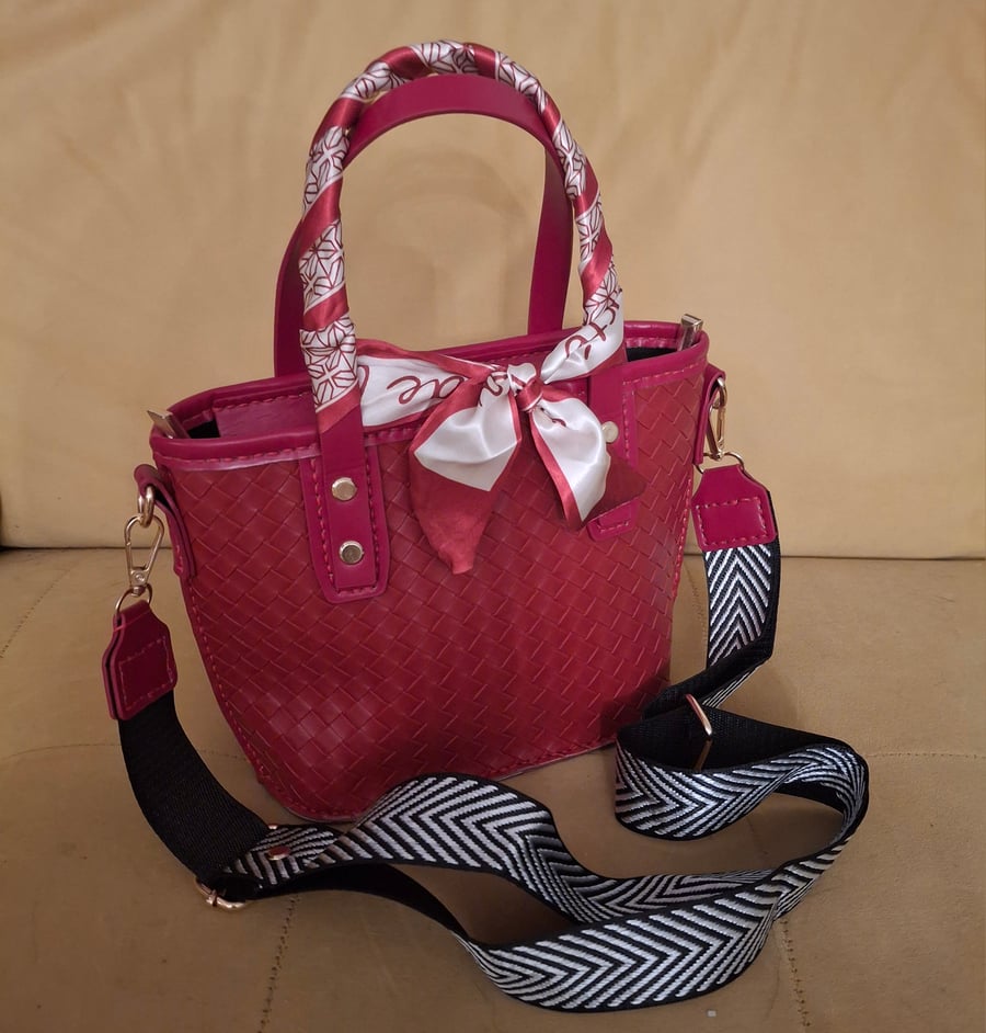 Hand Stiched Red PU Leather Look Crossbody Shoulder bag with Satin Ribbon