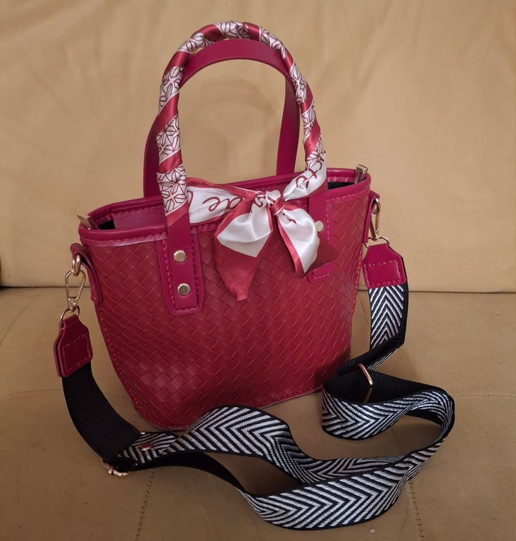 Hand Stiched Red PU Leather Look Crossbody Shoulder bag with Satin Ribbon