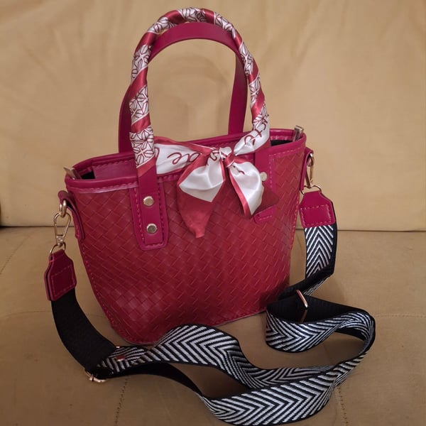 Hand Stiched Red PU Leather Look Crossbody Shoulder bag with Satin Ribbon