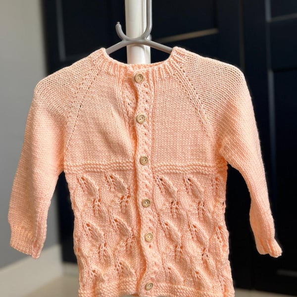 Hand-Knitted Baby Cardigan with Lace Detail – Soft Peach (12-18m)