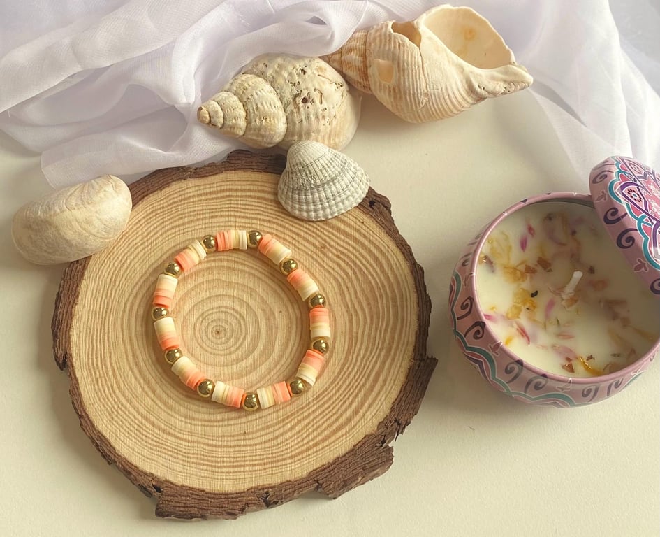 Peachy Clay Bead Bracelet Handmade Stretch Fit Charm Bracelet