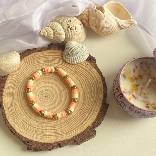 Peachy Clay Bead Bracelet Handmade Stretch Fit Charm Bracelet