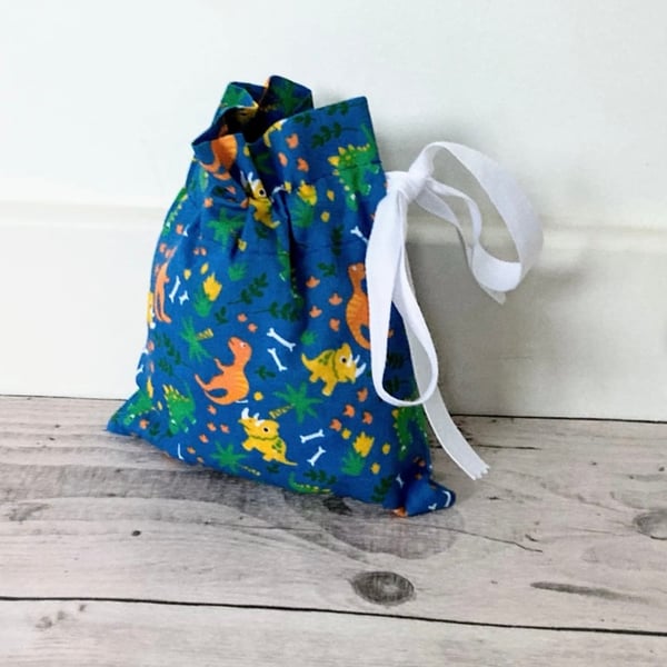 Blue Dinosaur Fabric Drawstring Gift Bag: Reusable XS Present Wrap.