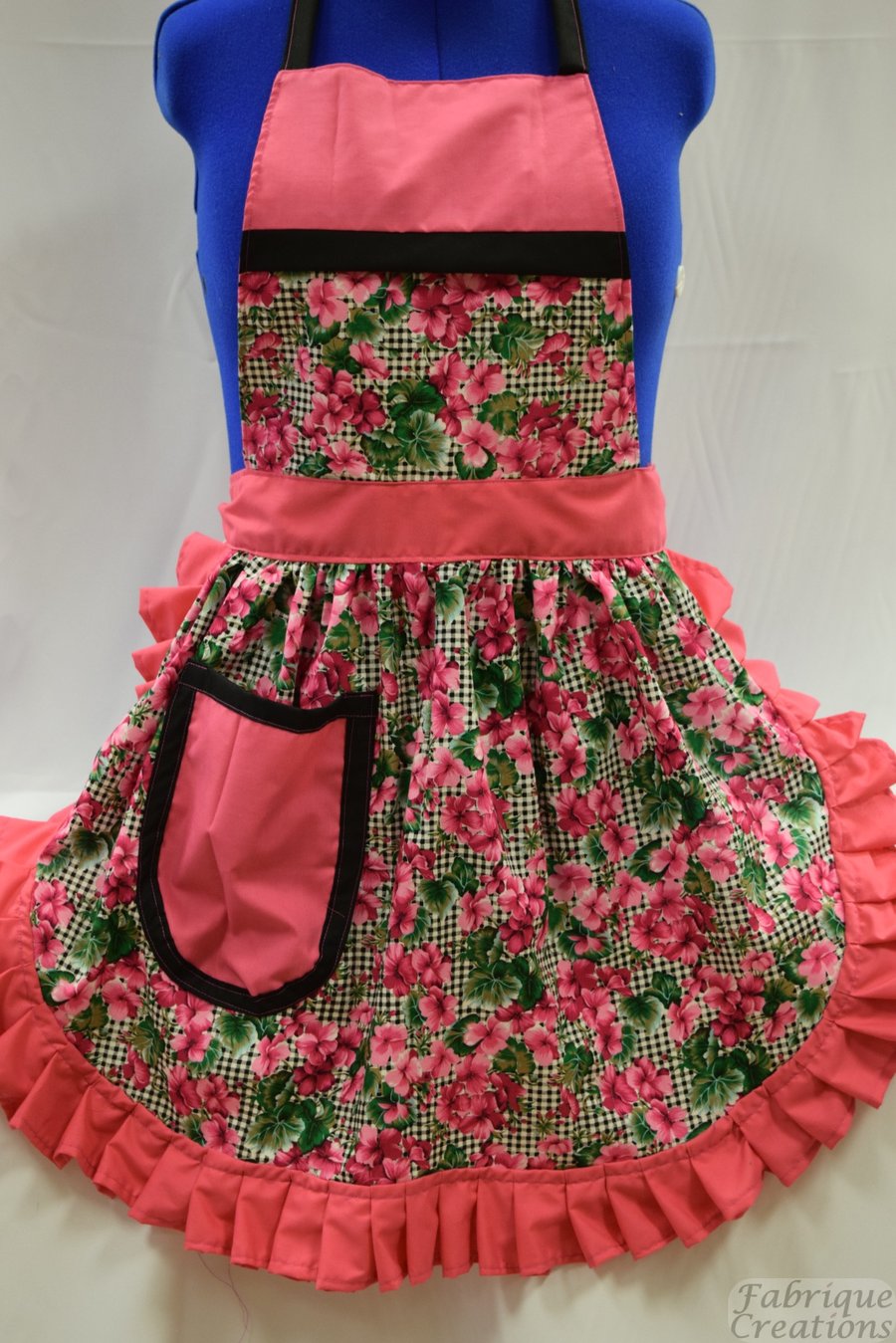 Vintage 50s Style Full Apron Pinny - Black & Pink Flowers with Pink Trim