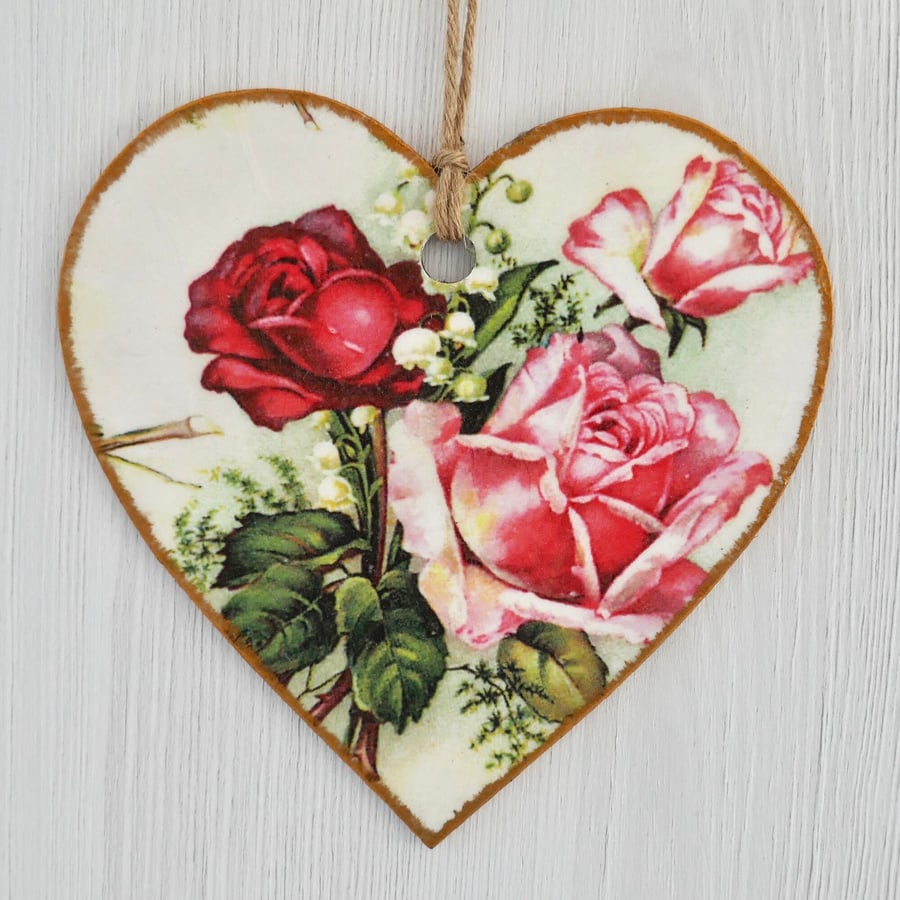 Decoupaged Wooden Hanging Heart: Red & Pink Roses design 6” (15cm)