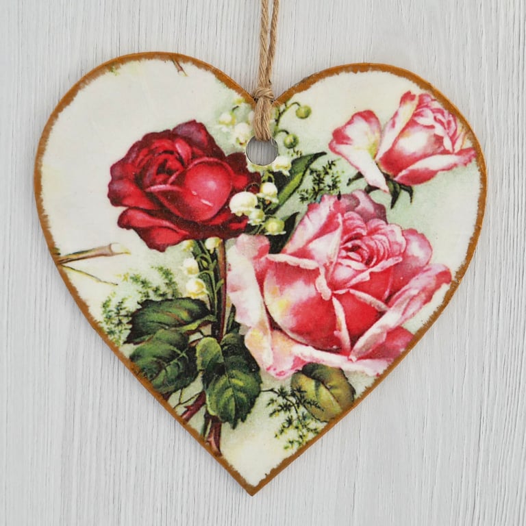 Decoupaged Wooden Hanging Heart: Red & Pink Roses design 6” (15cm)