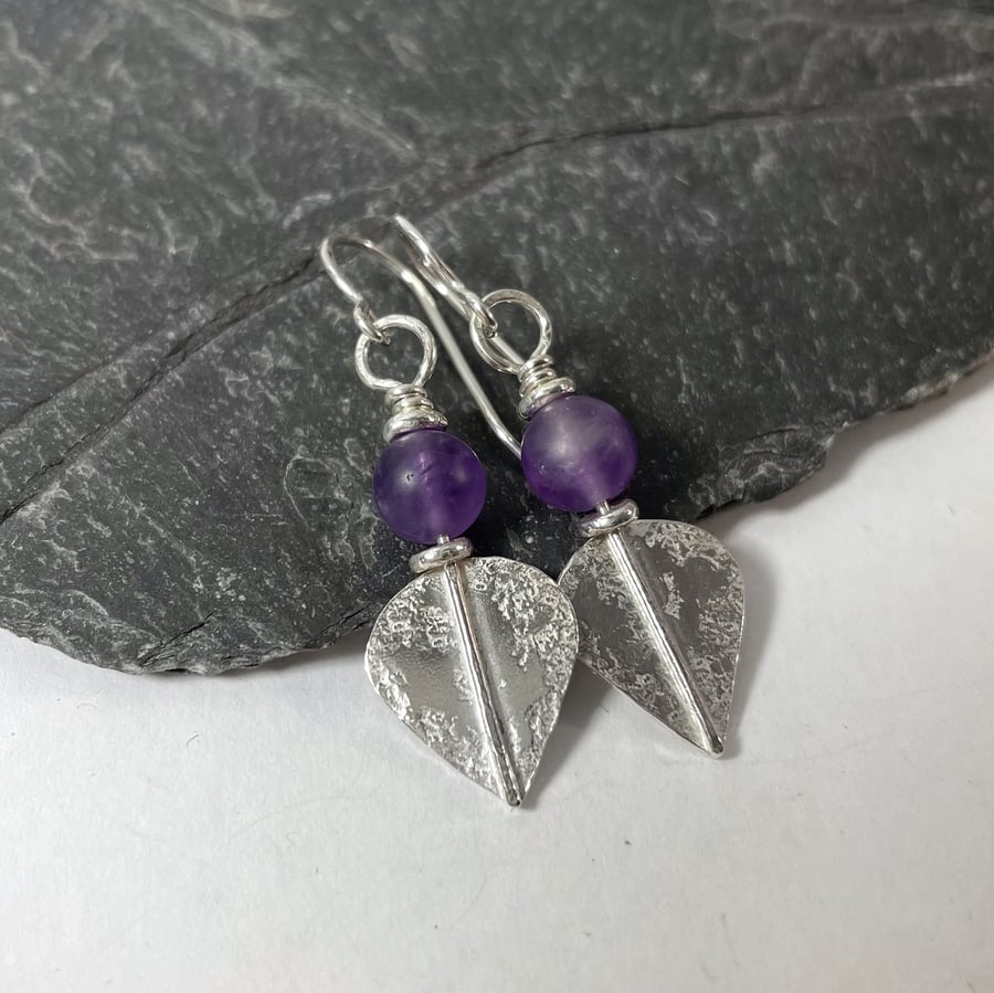 Silver and frosted amethyst leaf spear earrings