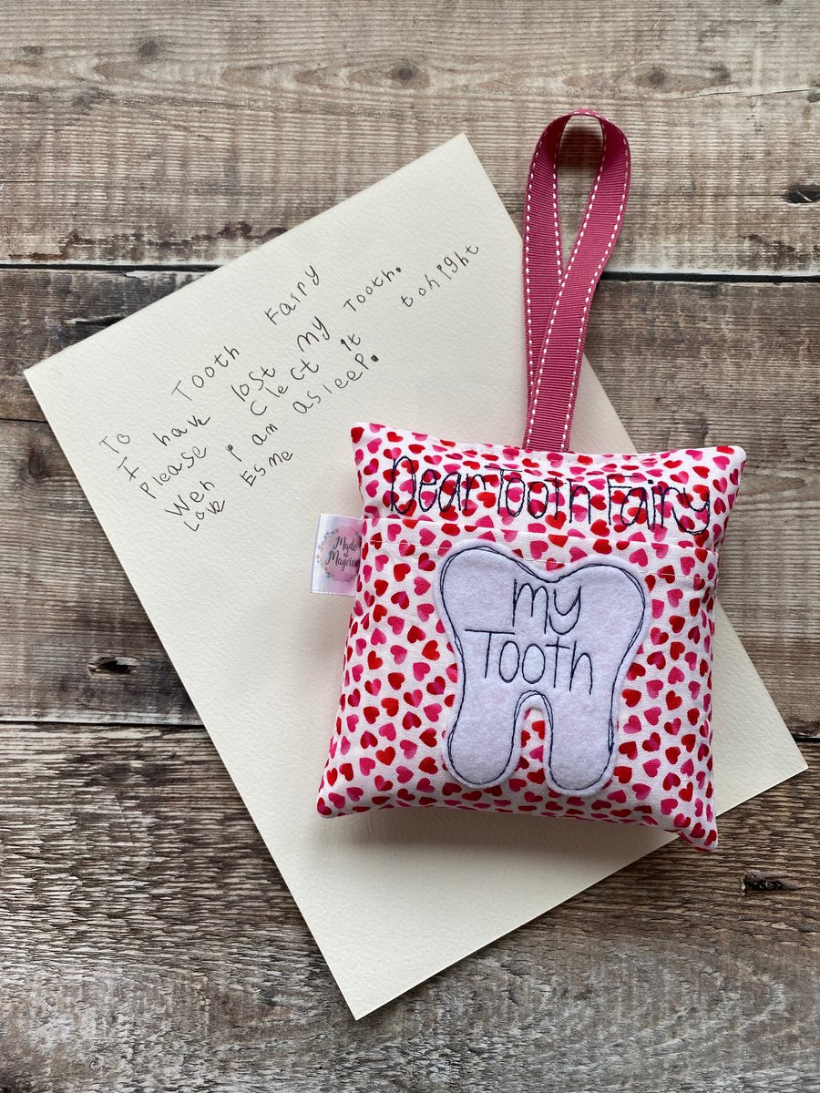 Tooth Fairy Pillow Cushion White Pink Micro Tumbled Hearts