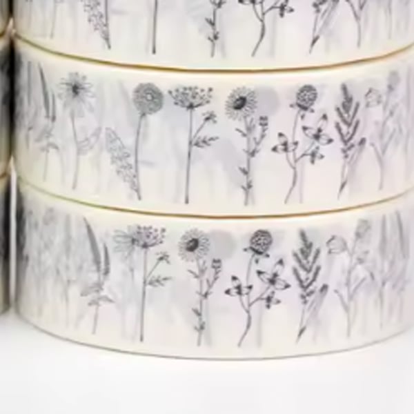 2 x Wild Flowers 15mm Washi Tape, Floral line drawings, Cards, Journals, 10m
