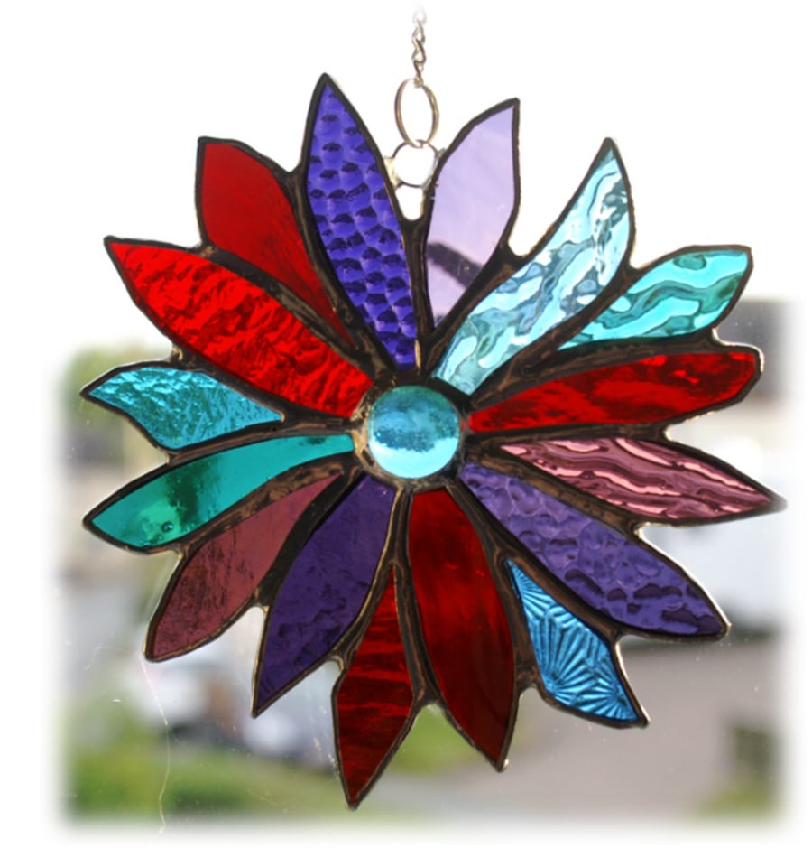 SOLD Jewel Flower Stained Glass Suncatcher Red Purple Turquoise