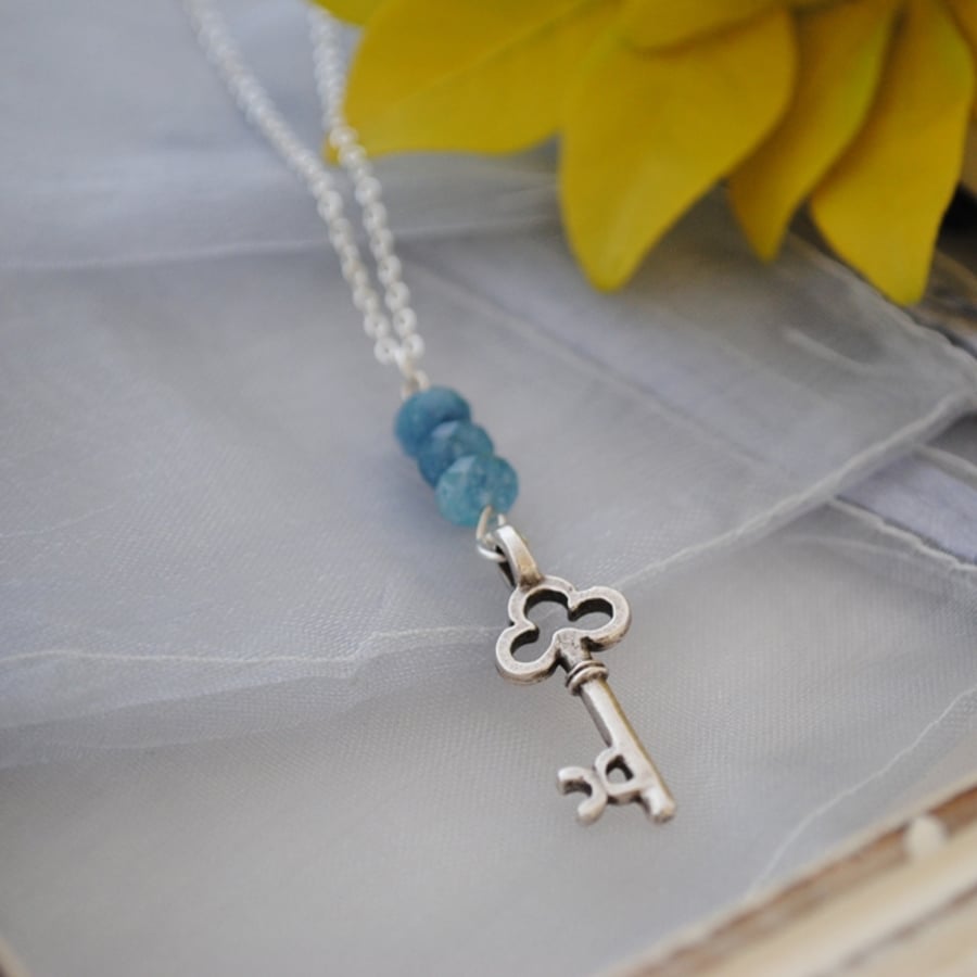 Kyanite & silver key long layering necklace