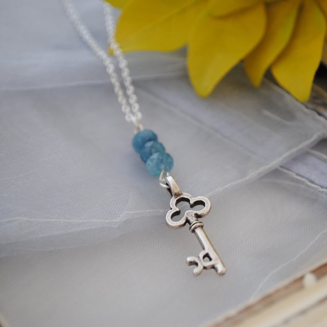 Kyanite & silver key long layering necklace