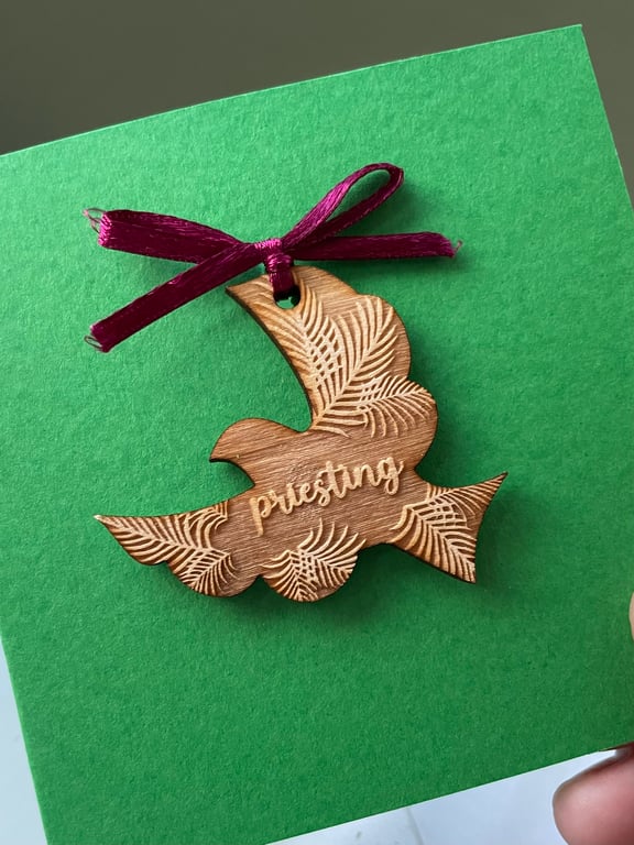 Blank card with detachable wooden 'priesting' dove decoration